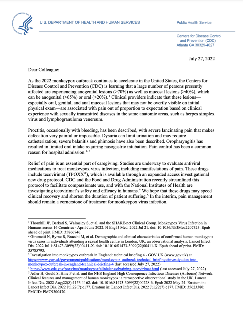 CDC’s Dear Colleague Letter on Monkeypox Pain Control Page 1